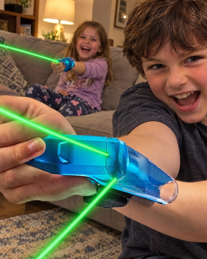 Brother and sister playing with WEBGLOW string launchers in their living room